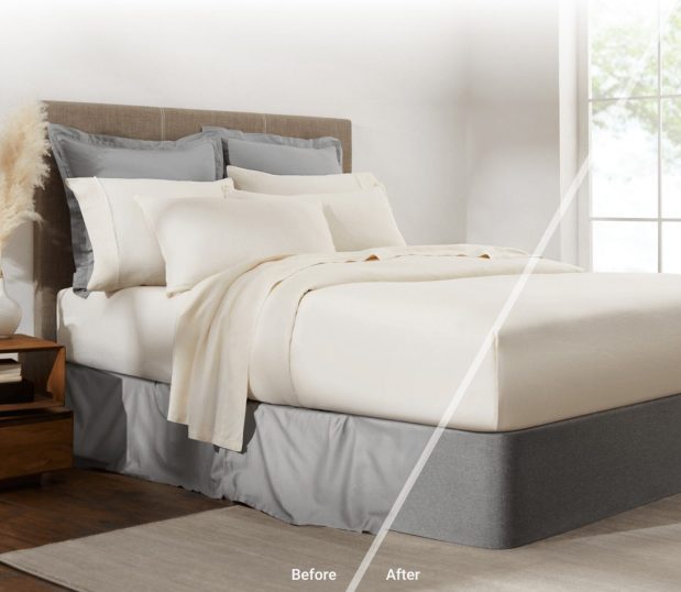 This image shows the contrast between a messy bed skirt and the Circa® Bed Wrap. The Circa® Bed Wrap allows you to achieve a modern, elevated look of a platform bed in a matter of minutes.
